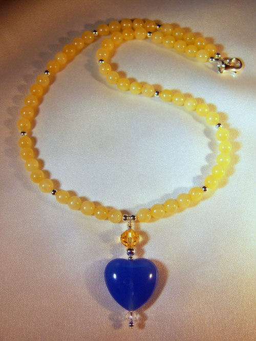 handmade beaded jewellery 455n - 17 inch handcrafted necklace, blue heart pendant aragonite beads