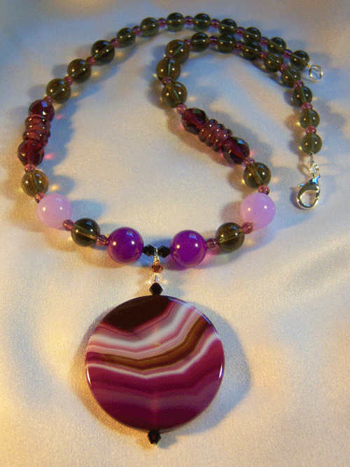 handmade beaded jewellery 466n - 18 inch handcrafted necklace, purple agate pendant, lilac jade, purple and lavender glass beads
