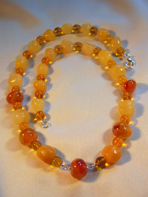 handmade beaded jewellery 467n - 20 inch handcrafted necklace, yellow agate, carnelian nugget and glass beads