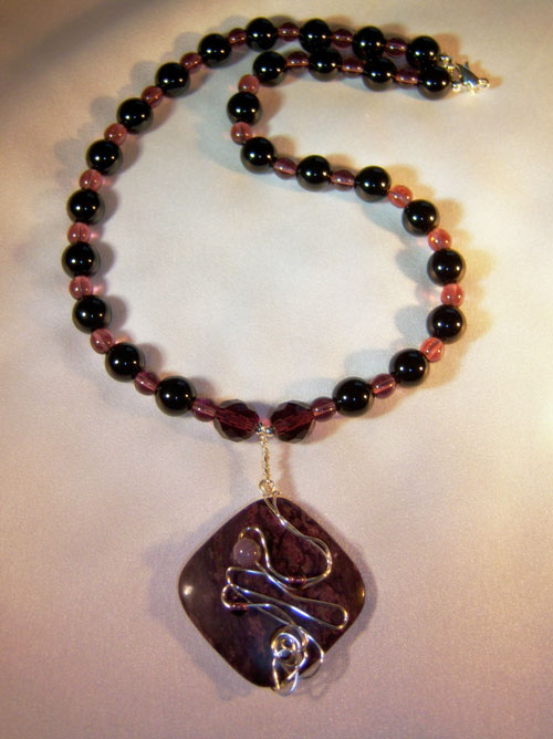 handmade beaded jewellery 468n - 17 inch handcrafted necklace, wire wrapped purple stone pendant and glass beads
