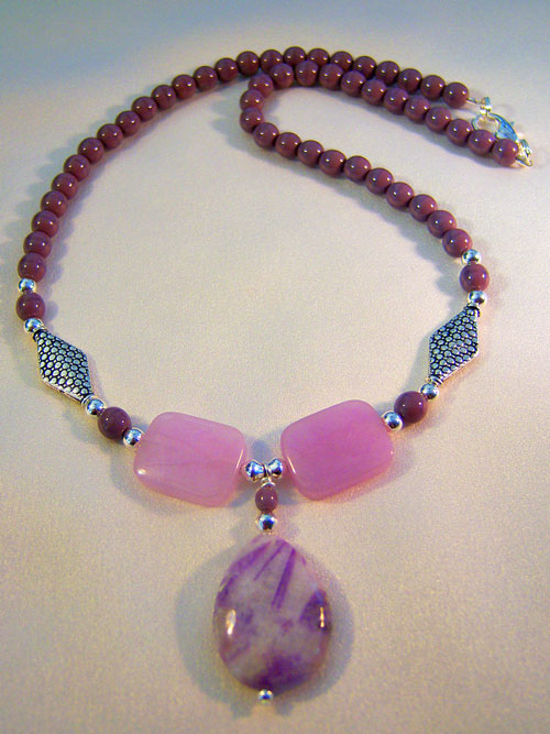 handmade beaded jewellery 500n - 17 inch handcrafted necklace, lilac teardrop pendant, lilac jade and opaque, silver pewter