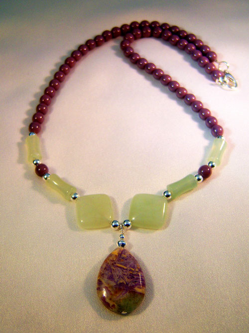 handmade beaded jewellery 501n - 18 inch handcrafted necklace, teardrop pendant, lilac opaque and sea-grass green glass