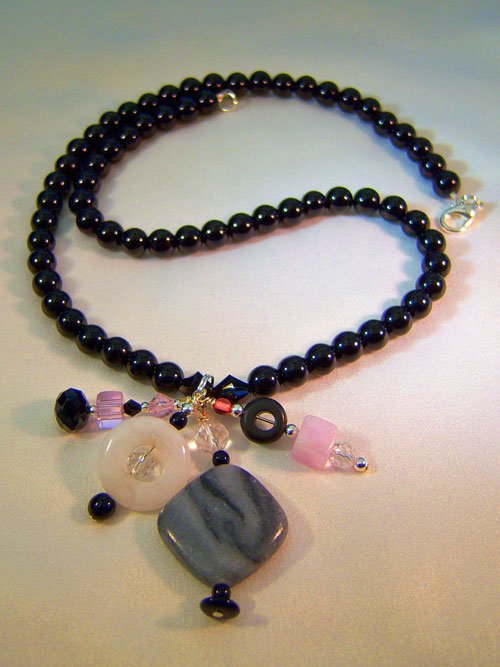 handmade beaded jewellery 504n - 21 inch handcrafted necklace, pinks and gray multi dangle and black opaque,