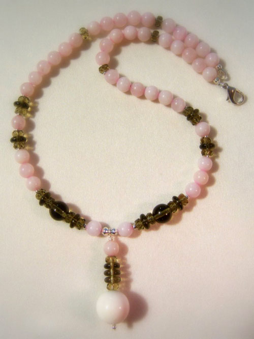 handmade beaded jewellery 512n - 18 inch handcrafted necklace, rose quartz and smokey glass